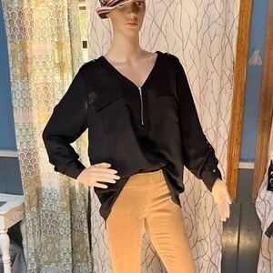 NEW Candies black silk blouse size med-3/4 gold zip front, delicate lace detail